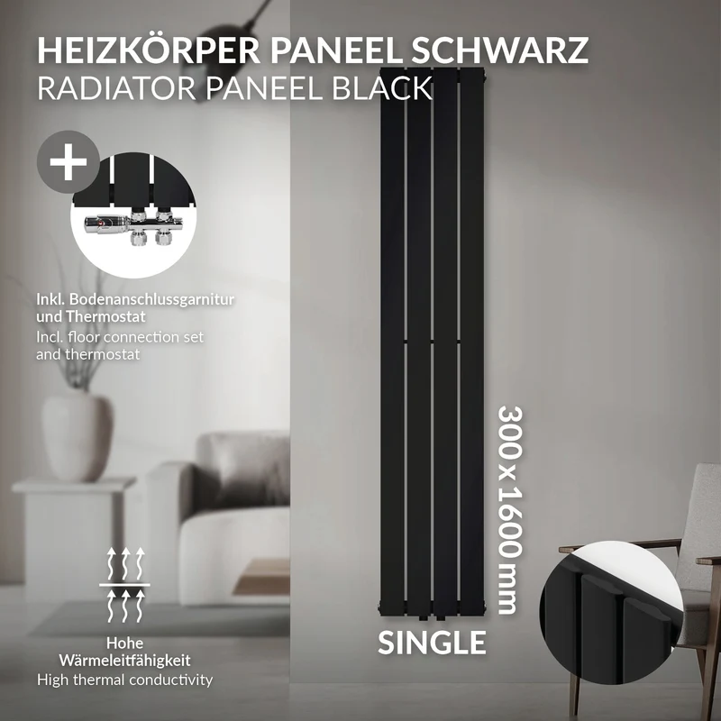 Badheizkörper Einlagig Vertikal 1600x300 mm Schwarz inkl. Anschlussgarnitur mit Thermostat Durchgangsform LuxeBath
