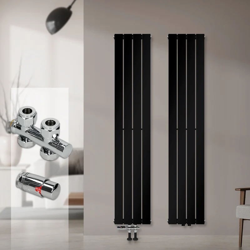 Badheizkörper Einlagig Vertikal 1600x300 mm Schwarz inkl. Anschlussgarnitur mit Thermostat Durchgangsform LuxeBath