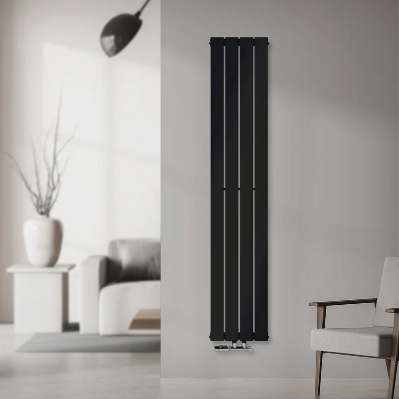 Badheizkörper Einlagig Vertikal 1600x300 mm Schwarz inkl. Anschlussgarnitur mit Thermostat Eckform LuxeBath