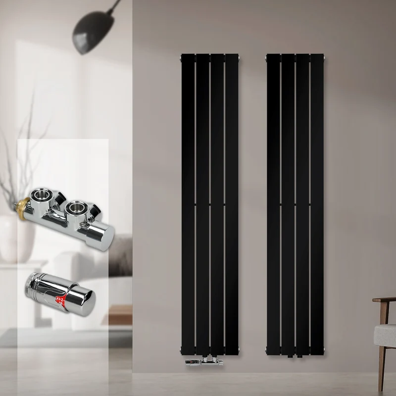 Badheizkörper Einlagig Vertikal 1600x300 mm Schwarz inkl. Anschlussgarnitur mit Thermostat Eckform LuxeBath
