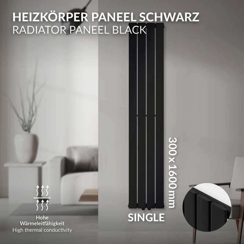Badheizkörper Einlagig Vertikal 1600x300 mm Schwarz inkl. Anschlussgarnitur mit Thermostat Universal LuxeBath