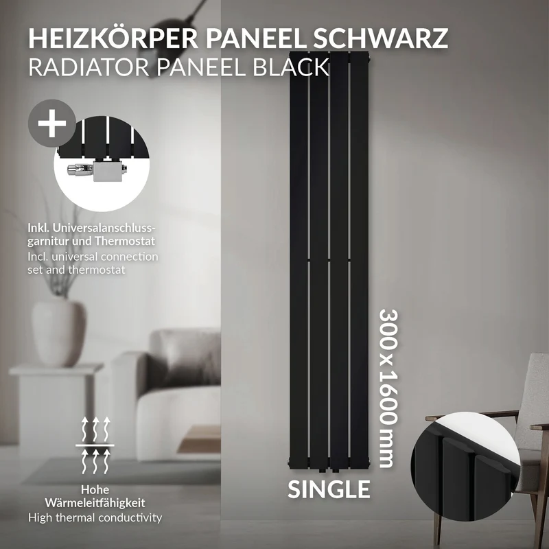 Badheizkörper Einlagig Vertikal 1600x300 mm Schwarz inkl. Anschlussgarnitur mit Thermostat Universal LuxeBath