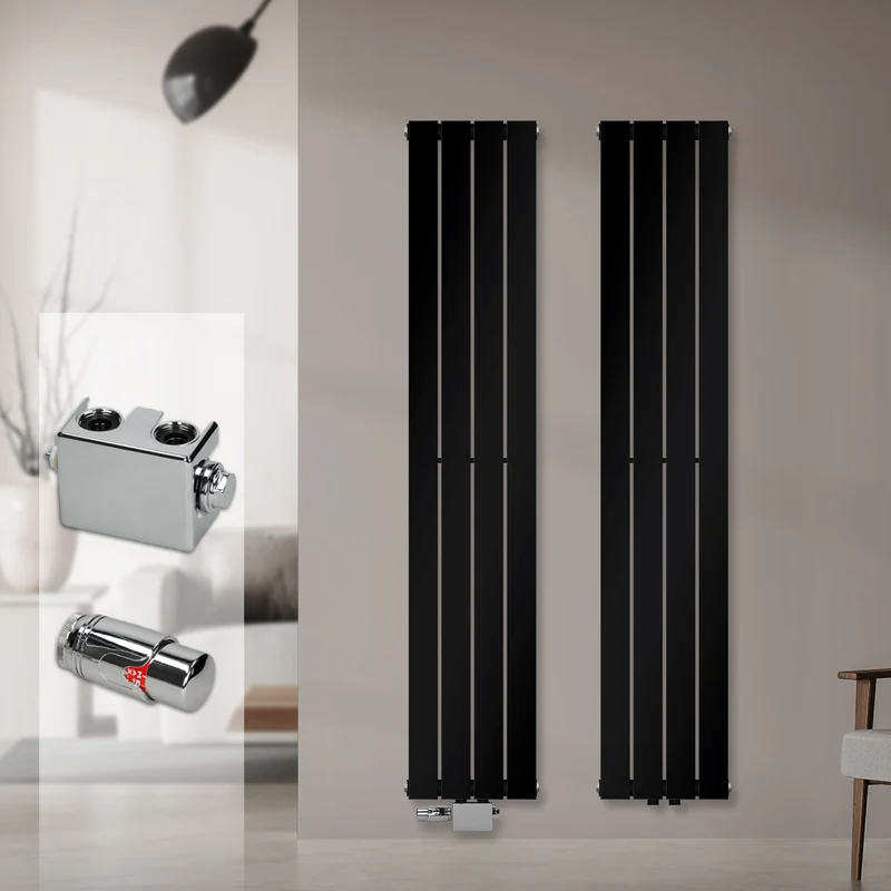 Badheizkörper Einlagig Vertikal 1600x300 mm Schwarz inkl. Anschlussgarnitur mit Thermostat Universal LuxeBath