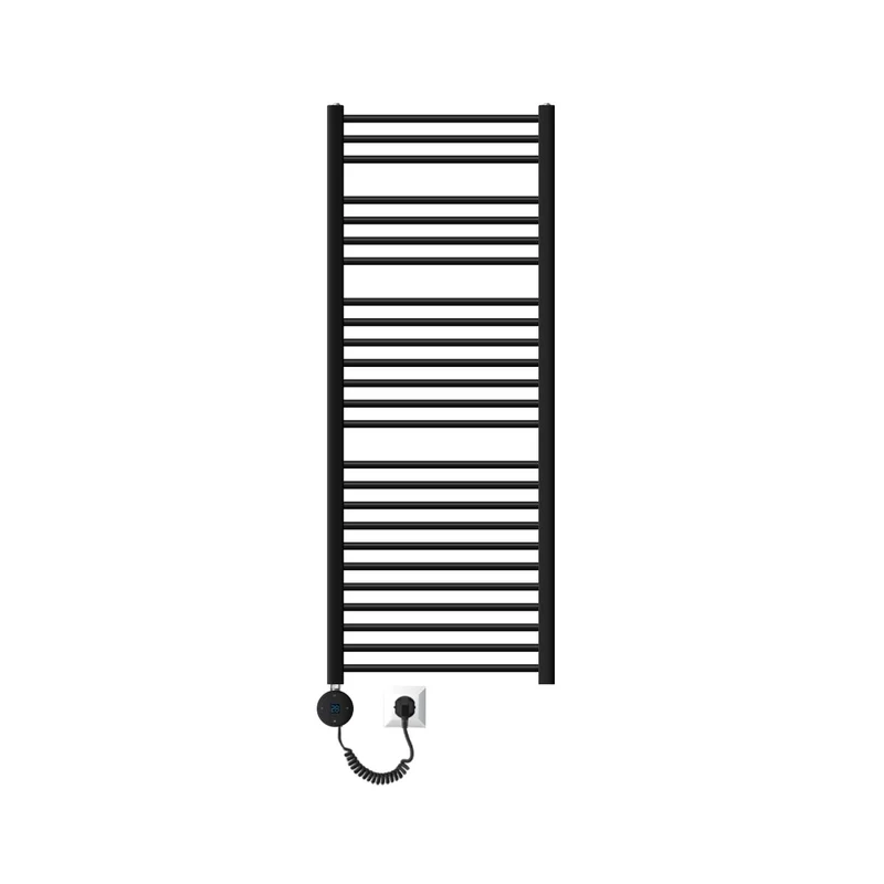 Elektrischer Badheizkörper mit Heizstab 1200W 600x1500 mm Schwarz matt gerade Seitenanschluss & Thermostat Digitalanzeige LuxeBath