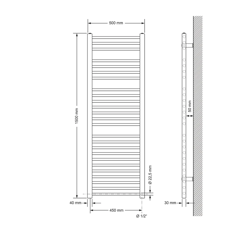Elektrischer Badheizkörper mit Heizstab 900W 500x1500 mm Schwarz matt gerade mit Seitenanschluss & Thermostat Touchbedienung LuxeBath