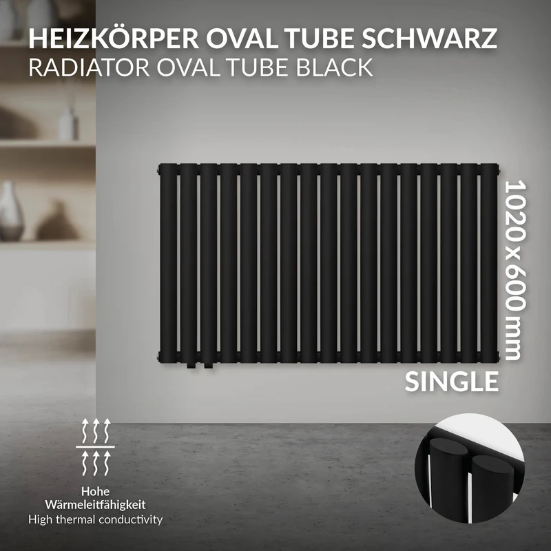 Badheizkörper Einlgagig Horizontal 600x1020 mm Schwarz matt mit Seitenanschluss LuxeBath