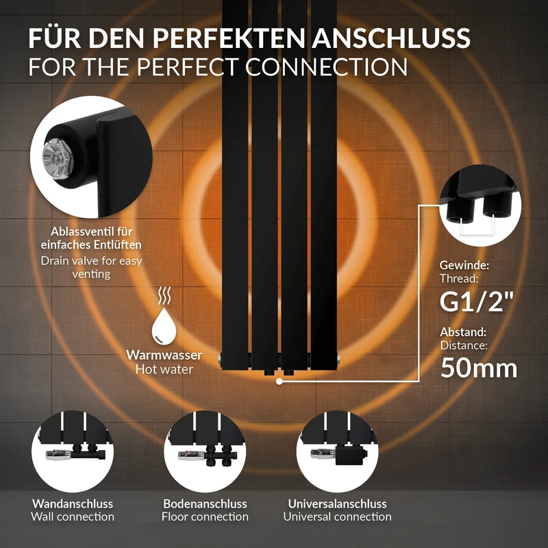 Paneelheizkörper Einlagig 1600x300 mm Schwarz matt mit Mittelanschluss LuxeBath