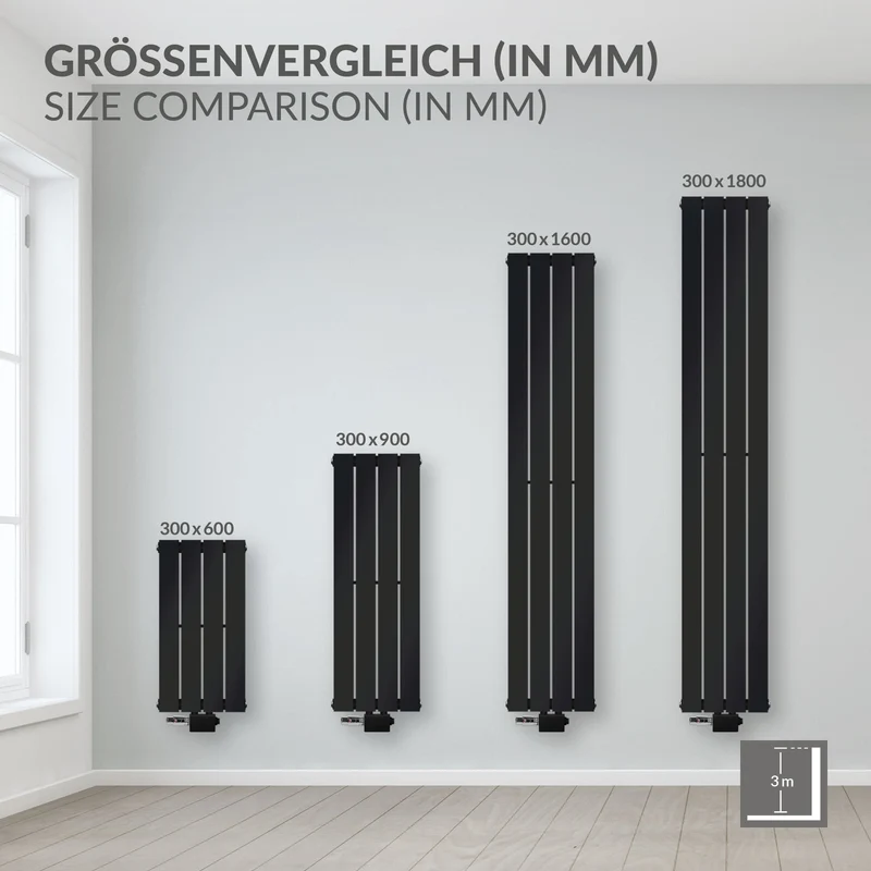 Paneelheizkörper Einlagig 1600x300 mm Schwarz matt mit Mittelanschluss LuxeBath