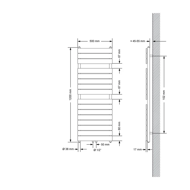 Badheizkörper Mittelanschluss 500x1200 mm Schwarz matt LuxeBath