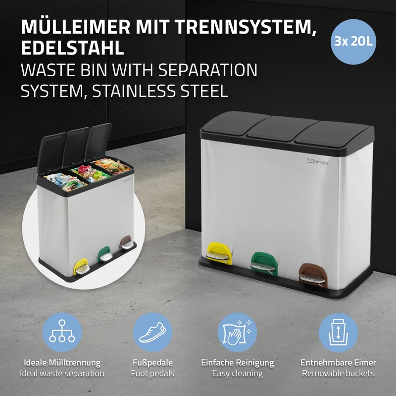 Mülleimer mit Trennsystem 3x 20L Silber aus Stahl ML-Design