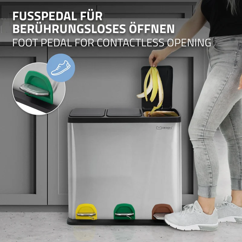 Mülleimer mit Trennsystem 3x 20L Silber aus Stahl ML-Design