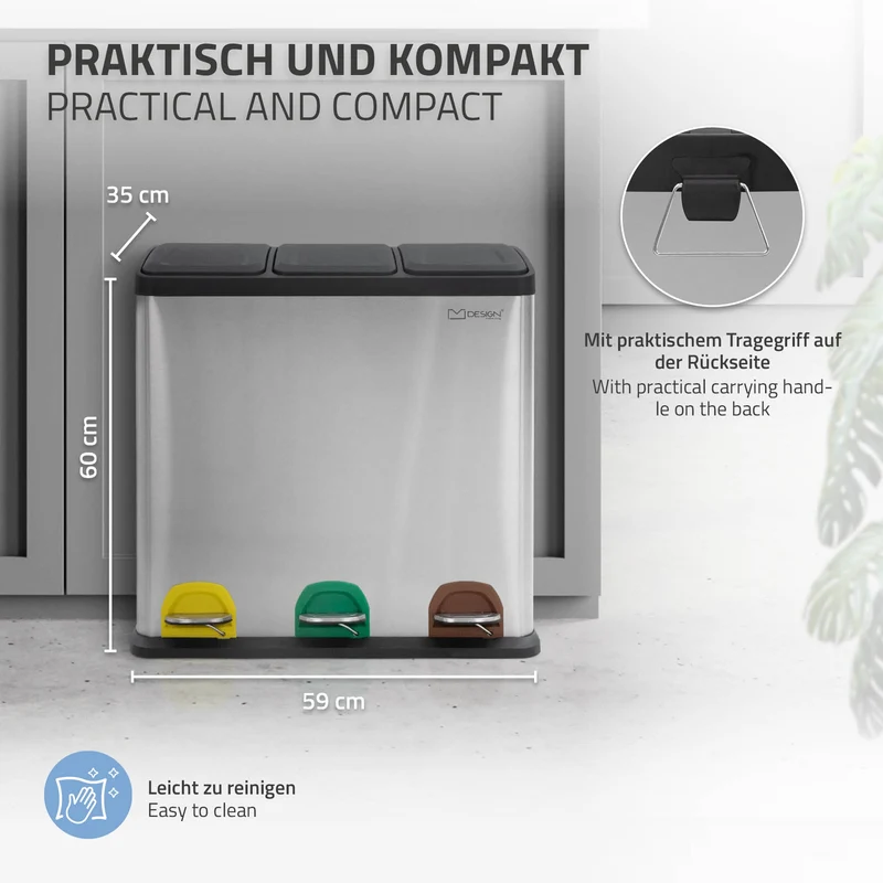 Mülleimer mit Trennsystem 3x 20L Silber aus Stahl ML-Design
