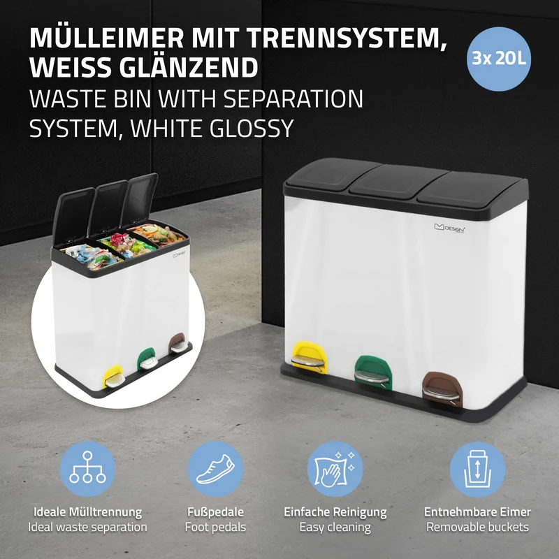Mülleimer mit Trennsystem 3x 20L Weiß aus Stahl ML-Design