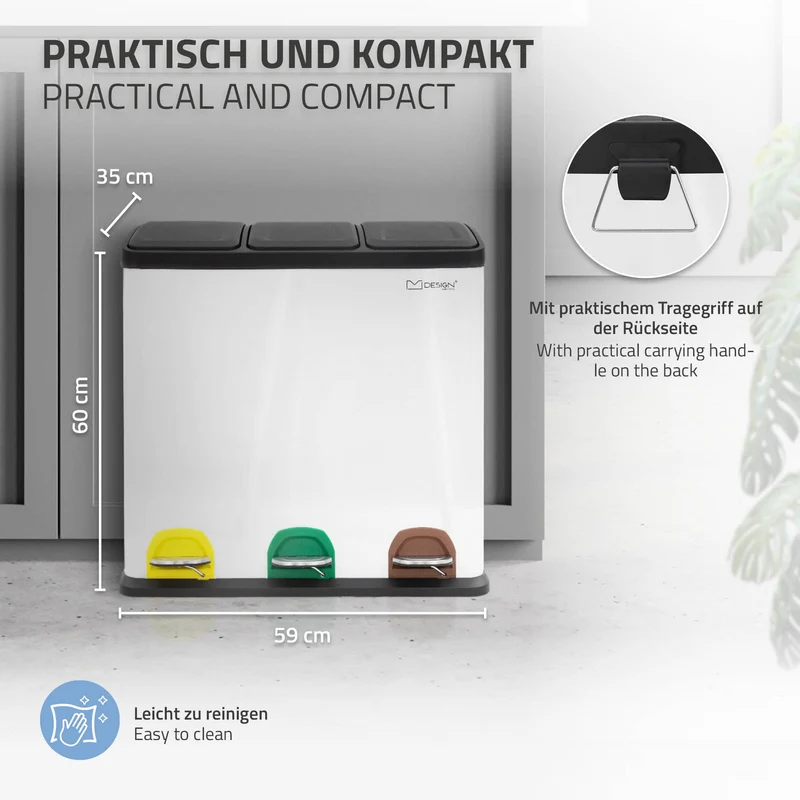 Mülleimer mit Trennsystem 3x 20L Weiß aus Stahl ML-Design