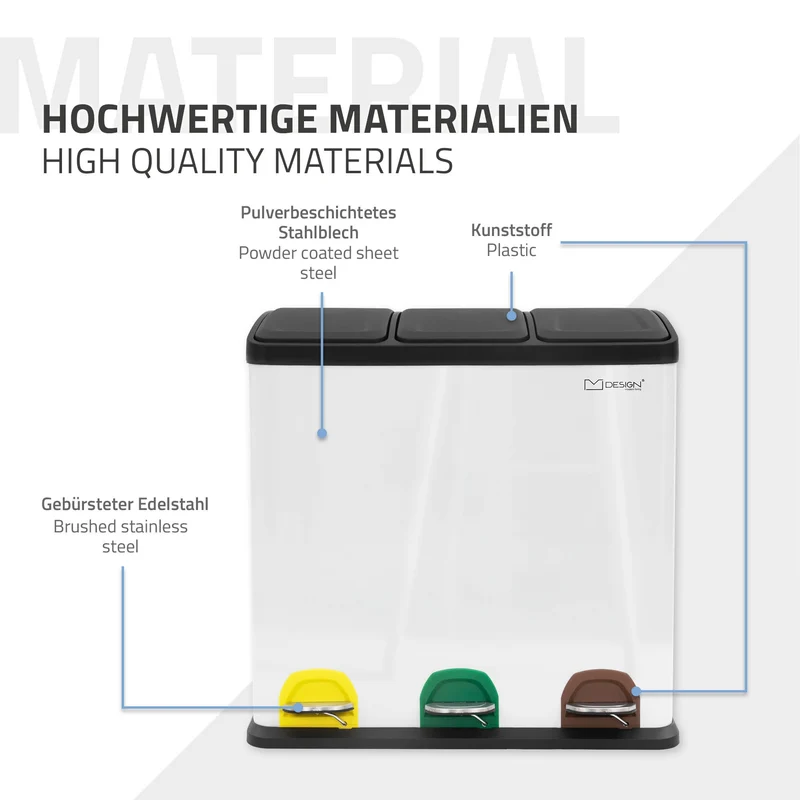 Mülleimer mit Trennsystem 3x 20L Weiß aus Stahl ML-Design