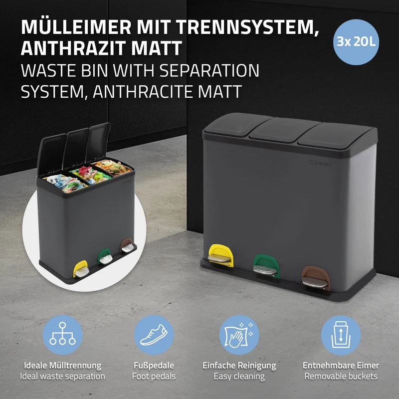 Mülleimer mit Trennsystem 3x 20L Anthrazit aus Stahl ML-Design