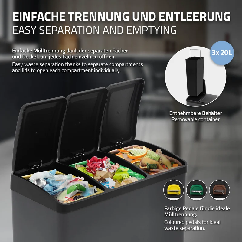 Mülleimer mit Trennsystem 3x 20L Anthrazit aus Stahl ML-Design
