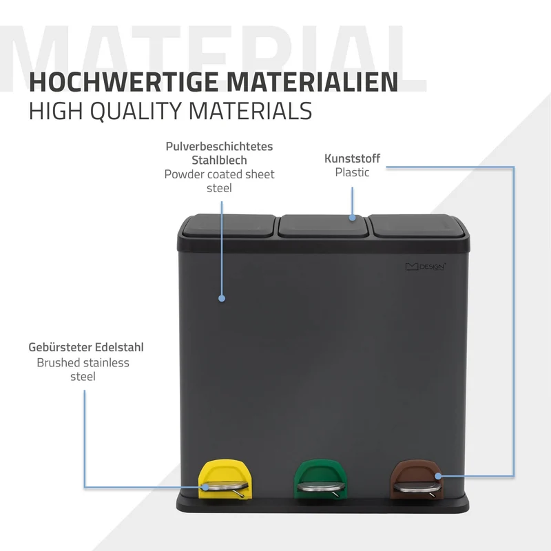 Mülleimer mit Trennsystem 3x 20L Anthrazit aus Stahl ML-Design
