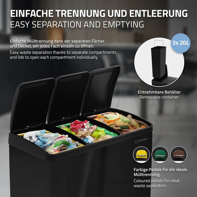 Mülleimer mit Trennsystem 3x 20L Schwarz aus Stahl ML-Design
