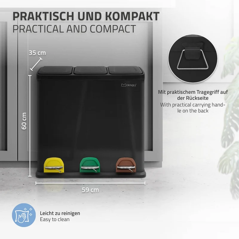 Mülleimer mit Trennsystem 3x 20L Schwarz aus Stahl ML-Design