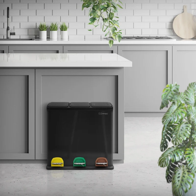 Mülleimer mit Trennsystem 3x 20L Schwarz aus Stahl ML-Design