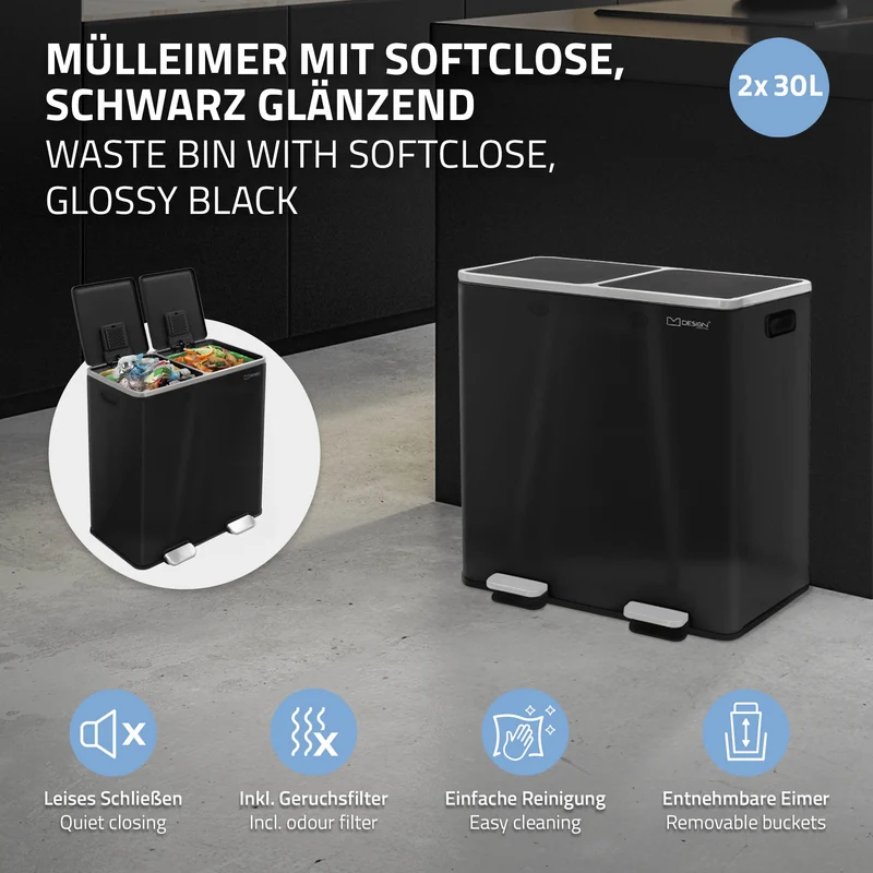 Mülleimer mit Trennsystem 2x 30L Schwarz aus Stahl ML-Design