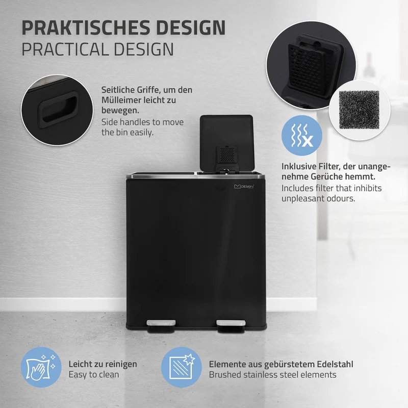 Mülleimer mit Trennsystem 2x 30L Schwarz aus Stahl ML-Design