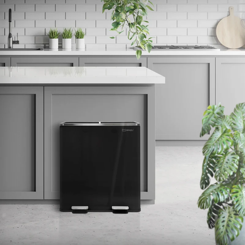 Mülleimer mit Trennsystem 2x 30L Schwarz aus Stahl ML-Design
