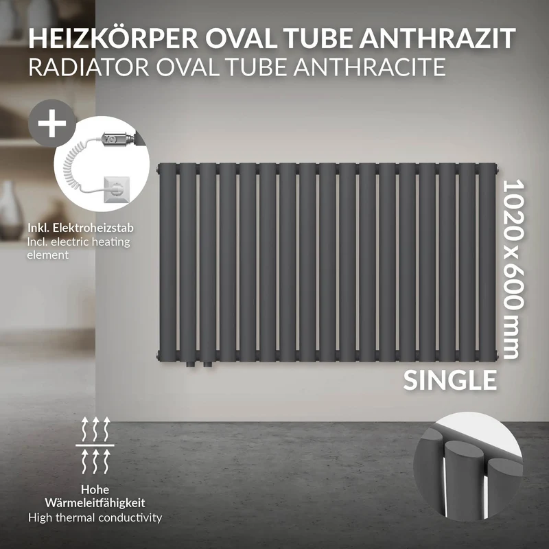 Paneelheizkörper Einlagig mit Heizstab 600W 600x1020 mm Anthrazit LuxeBath