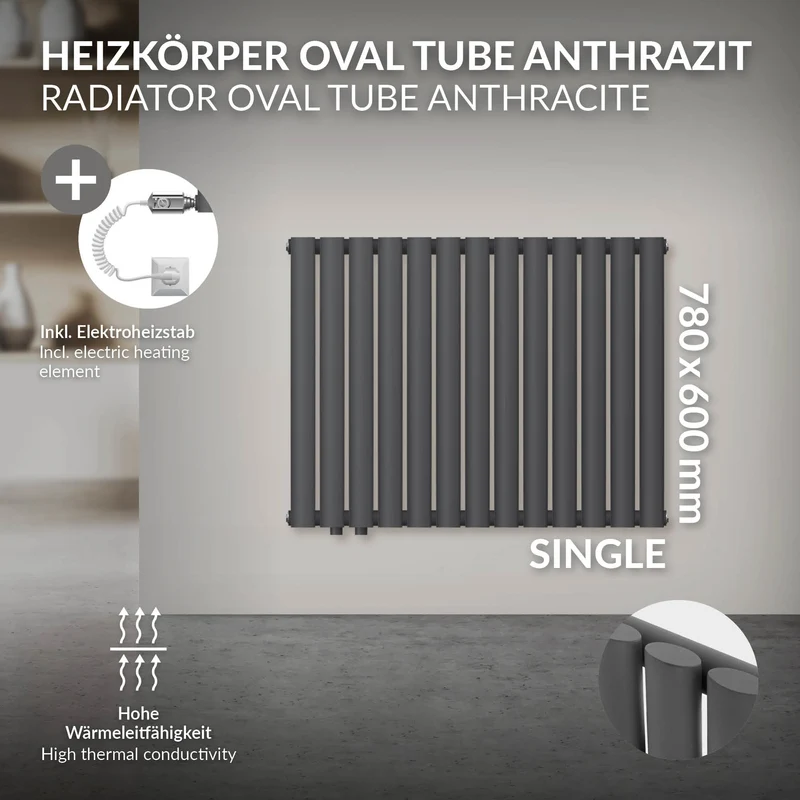Paneelheizkörper Einlagig mit Heizstab 300W 600x780 mm Anthrazit LuxeBath