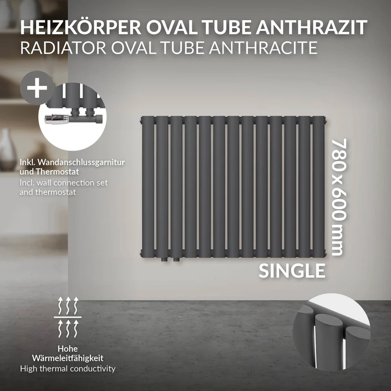 Paneelheizkörper Einlagig 600x780 mm Anthrazit inkl. Wand Anschlussgarnitur ML-Design