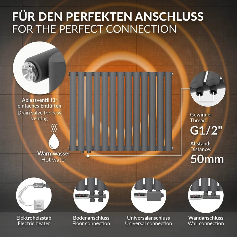 Paneelheizkörper Einlagig 600x780 mm Anthrazit inkl. Wand Anschlussgarnitur ML-Design