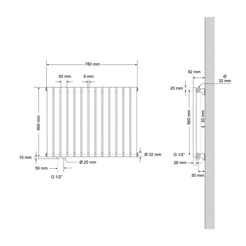 Paneelheizkörper Einlagig 600x780 mm Anthrazit inkl. Wand Anschlussgarnitur ML-Design