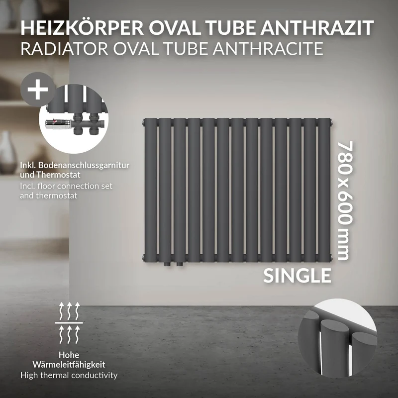 Paneelheizkörper Einlagig 78x60 cm Anthrazit inkl. Boden Anschlussgarnitur ML-Design