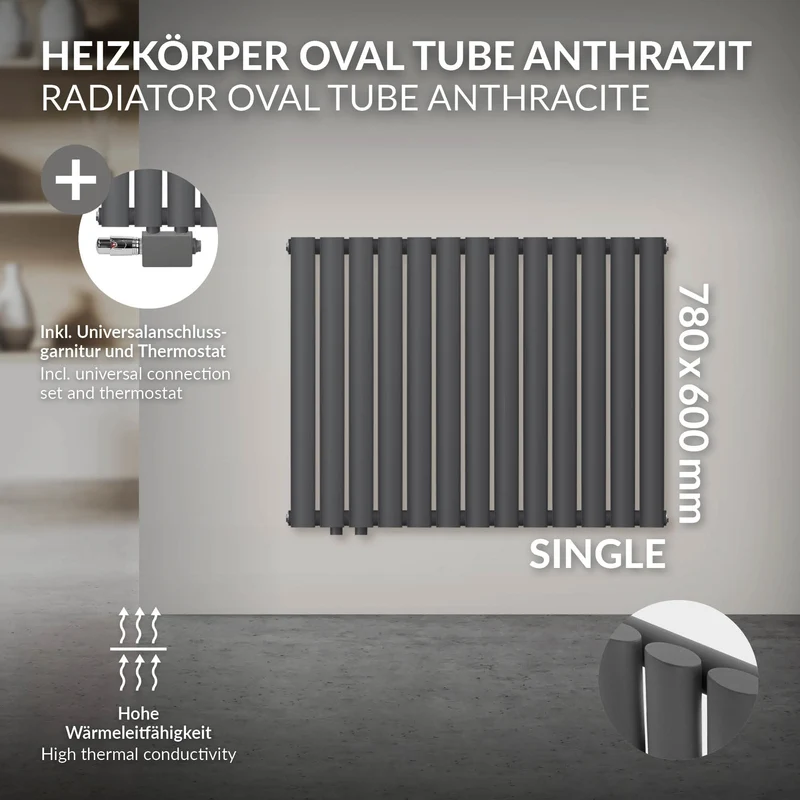 Paneelheizkörper Einlagig 600x780 mm Anthrazit inkl. Universale Anschlussgarnitur ML-Design