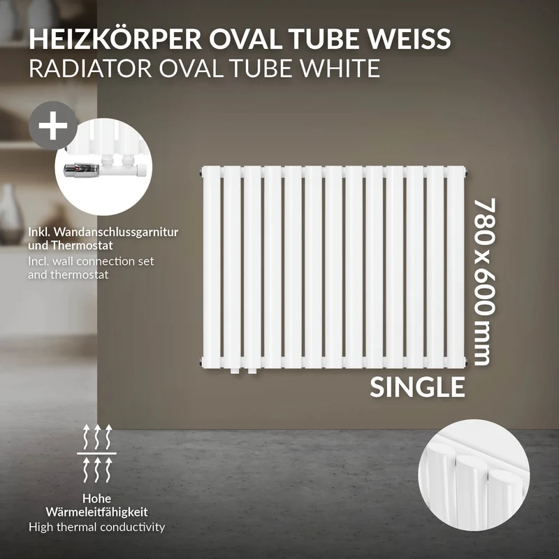 Paneelheizkörper Einlagig 600x780 mm Weiß mit Wand Anschlussgarnitur ML-Design