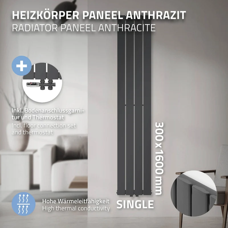Paneelheizkörper Einlagig 30x160cm Anthrazit mit Boden Anschlussgarnitur ML-Design