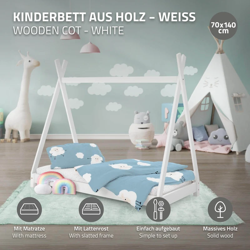 Kinderbett Tipi 70x140 cm Weiß aus Kiefernholz inkl. Matratze und Matratzenschoner ML-Design