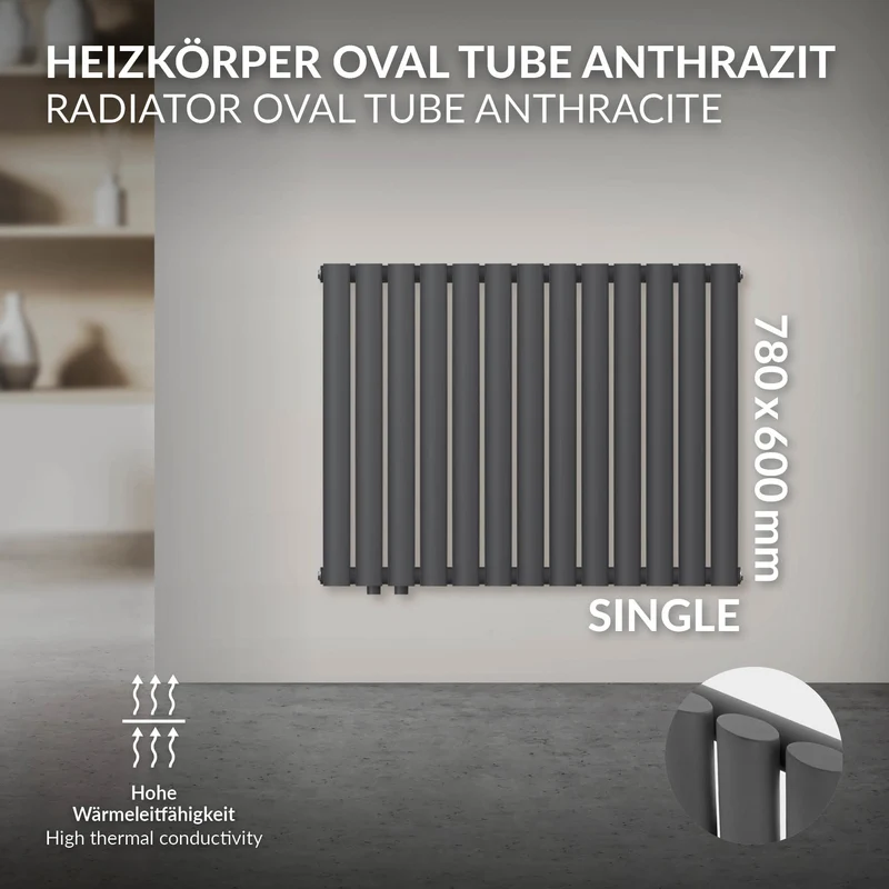 Paneelheizkörper horizontal Einlagig mit ovalen Röhren 600x780 mm Anthrazit mit Seitenanschluss ML-Design