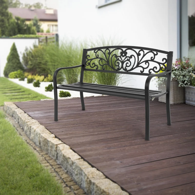 Gartenbank mit Armlehnen & Rückenlehne mit Muster Schwarz aus Stahl und Gusseisen