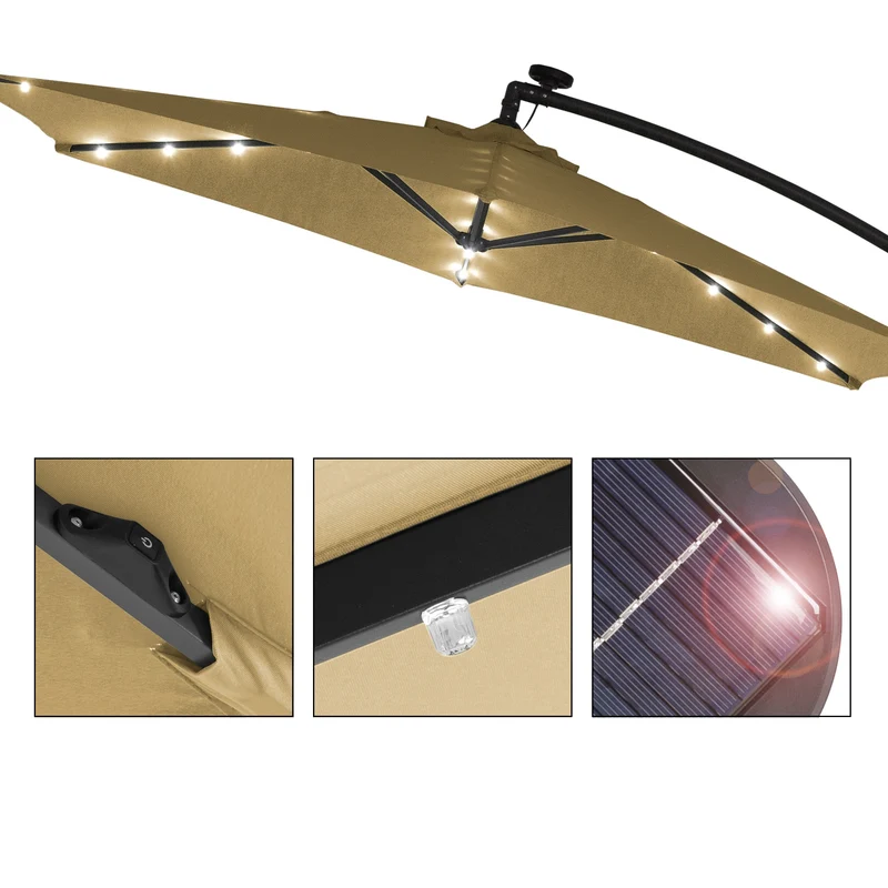 Ampelschirm mit Kurbel und Ständer inkl. LED-Solar Ø 300 cm Braun aus Polyester