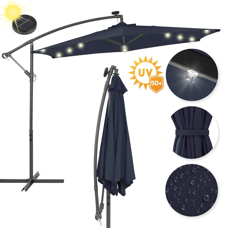 Ampelschirm mit Kurbel und Ständer inkl. LED-Solar Ø 300 cm Navy-Blau aus Polyester