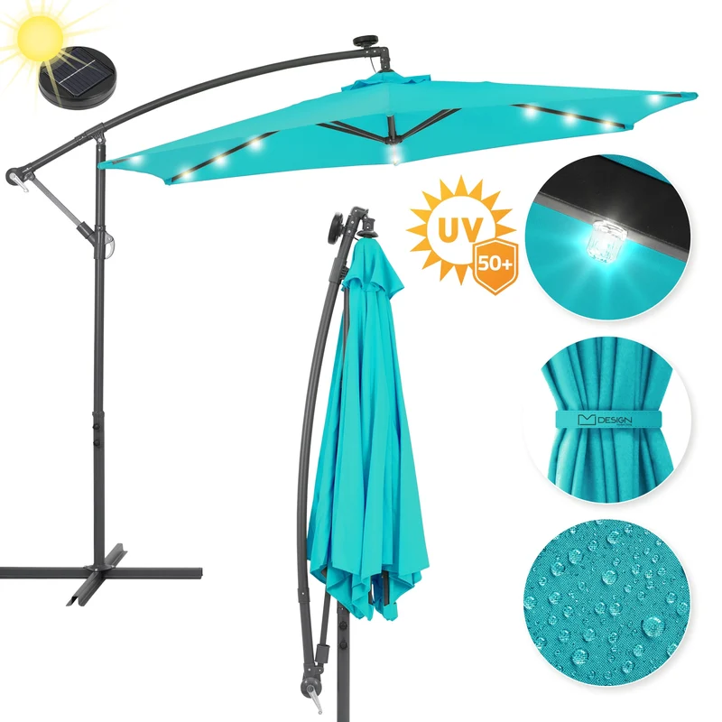 Ampelschirm mit Kurbel und Ständer inkl. LED-Solar Ø 300 cm Türkis aus Polyester