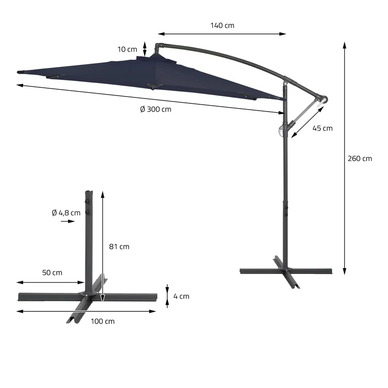 Ampelschirm mit Kurbel Ø 300 cm Navy-Blau aus Polyester
