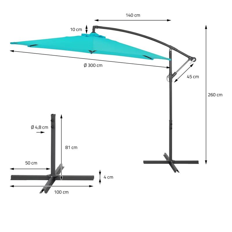 Sonnenschirm mit Kurbel Ø 300 cm Türkis aus Polyester