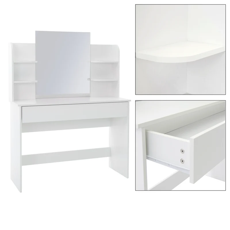 Schminktisch Frisiertisch 108x40x140 cm in Weiß mit Spiegel, LED Beleuchtung, Schublade & Hocker ML-Design
