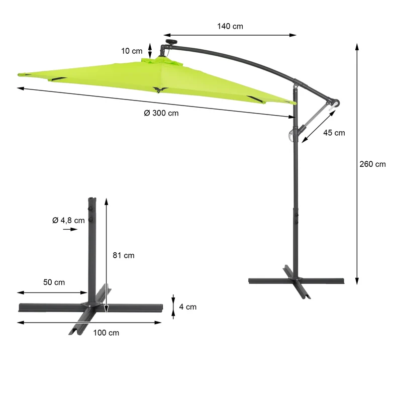 Sonnenschirm mit LED-Solar Grün Ø 300 cm mit Kurbel inkl. Abdeckung Ampelschirm