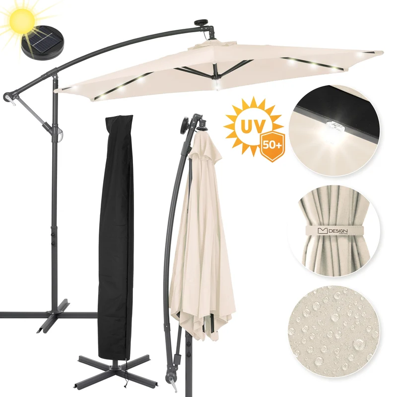 Sonnenschirm mit LED-Solar Creme Ø 300 cm mit Kurbel inkl. Abdeckung Ampelschirm