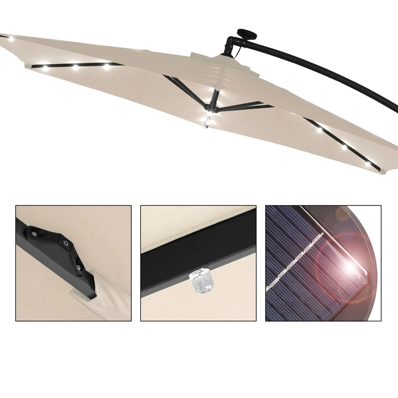 Sonnenschirm mit LED-Solar Creme Ø 300 cm mit Kurbel inkl. Abdeckung Ampelschirm