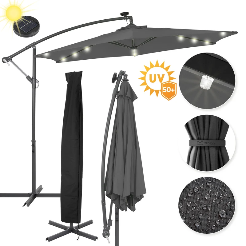 Sonnenschirm mit LED-Solaranthrazit Ø 300cm mit Kurbel inkl. Abdeckung